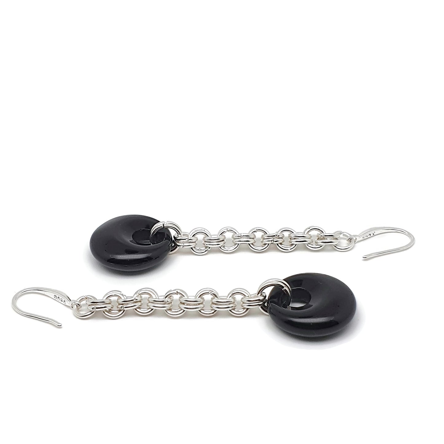 Black Agate Chainmail Long Dangle Drop Earrings