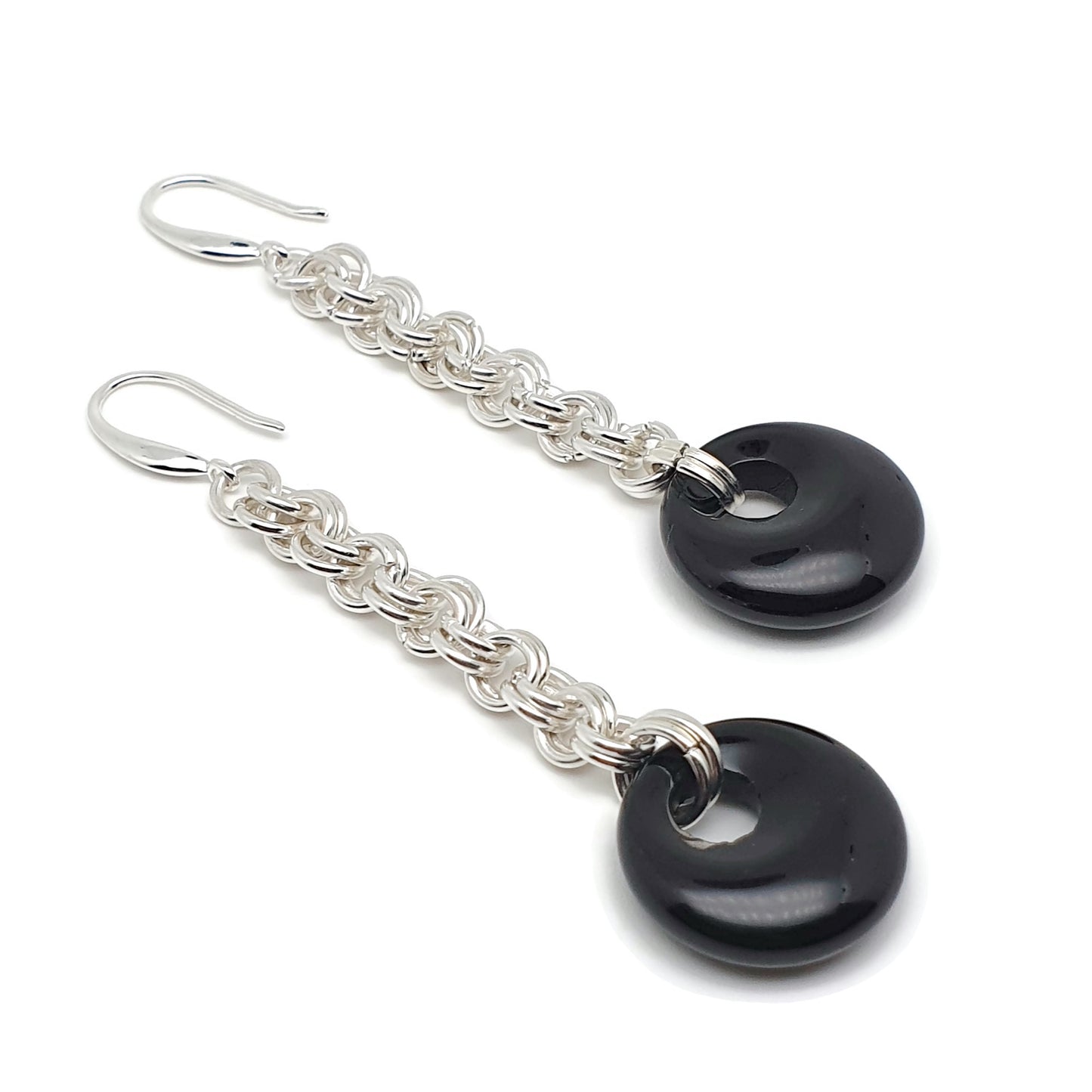 Black Agate Chainmail Long Dangle Drop Earrings