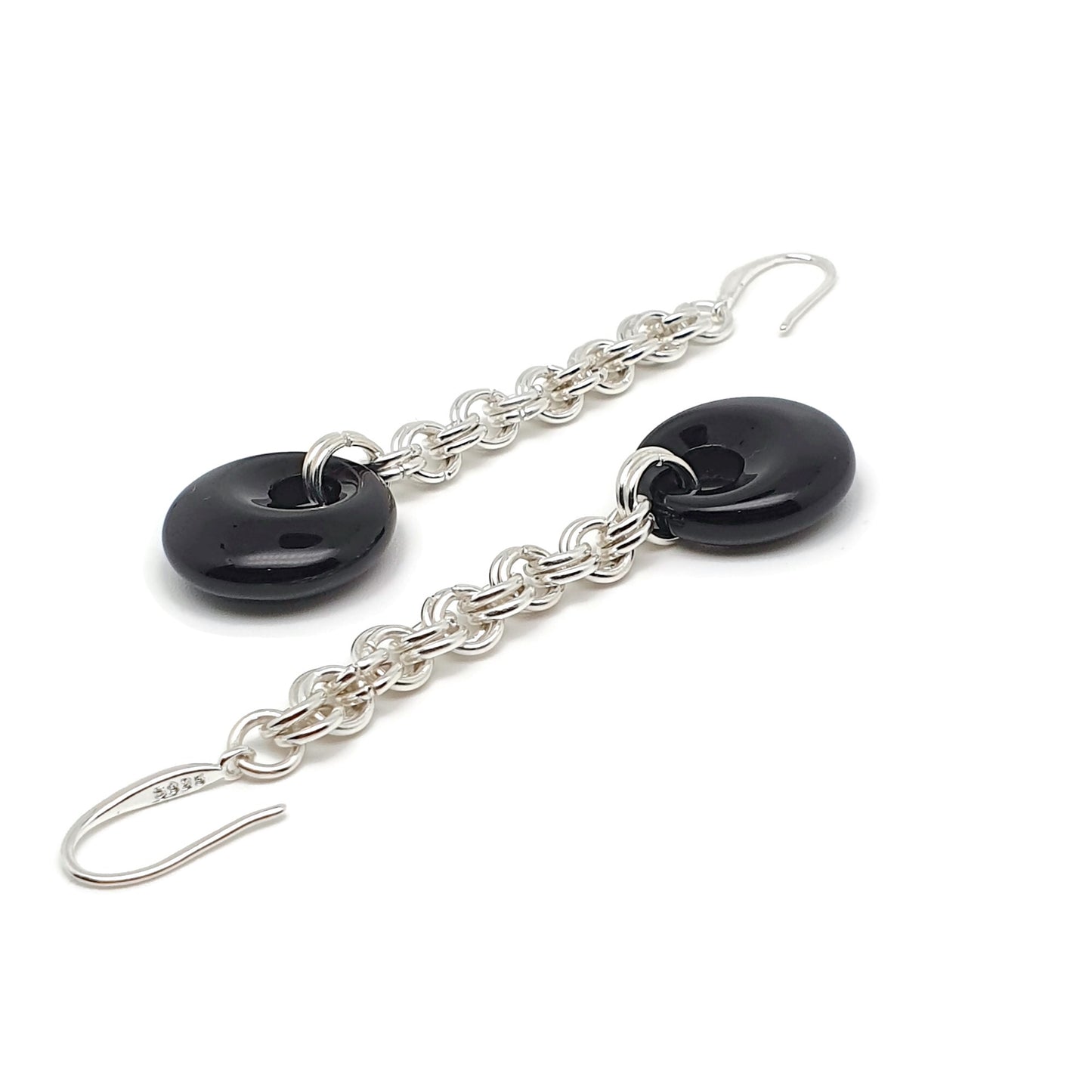 Black Agate Chainmail Long Dangle Drop Earrings