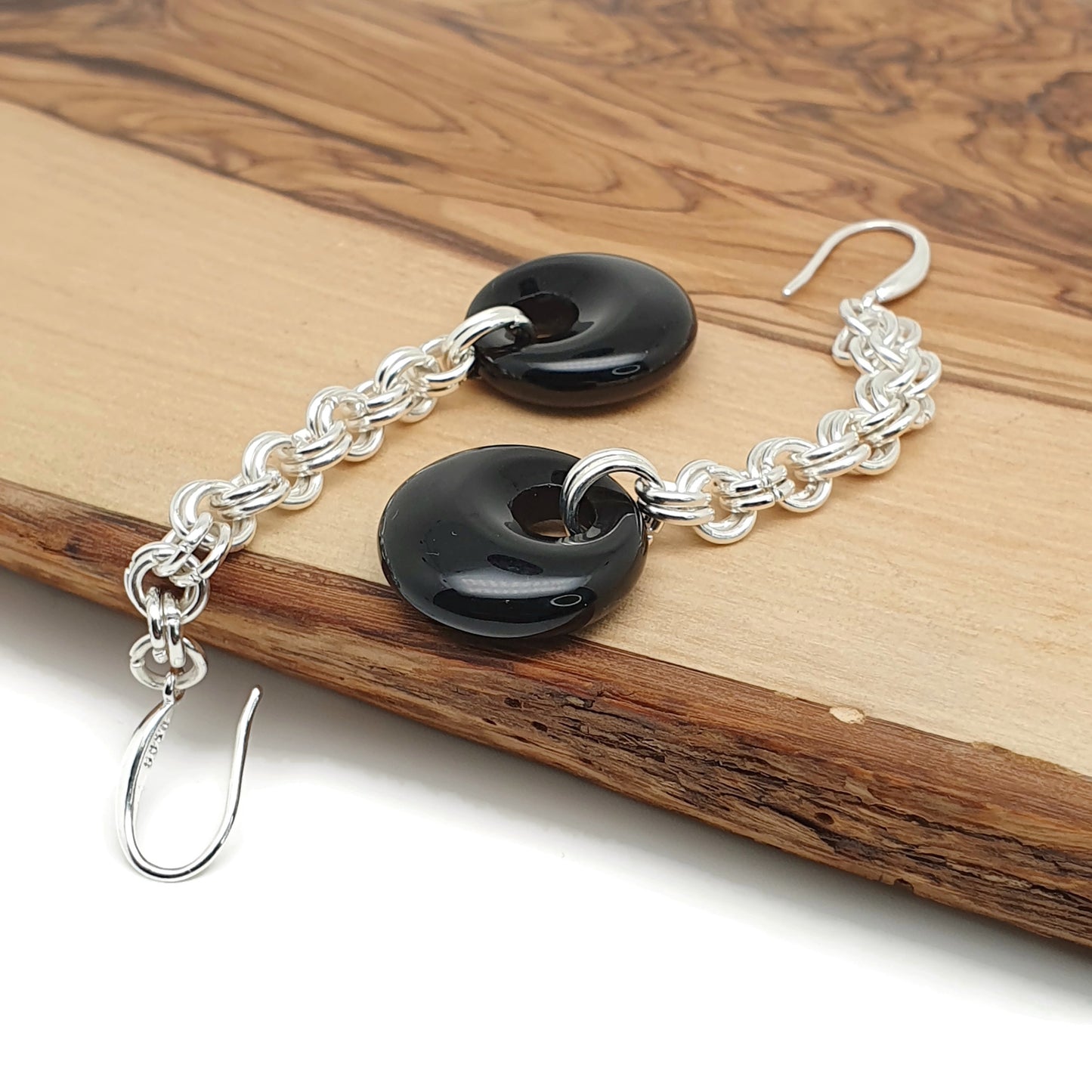 Black Agate Chainmail Long Dangle Drop Earrings