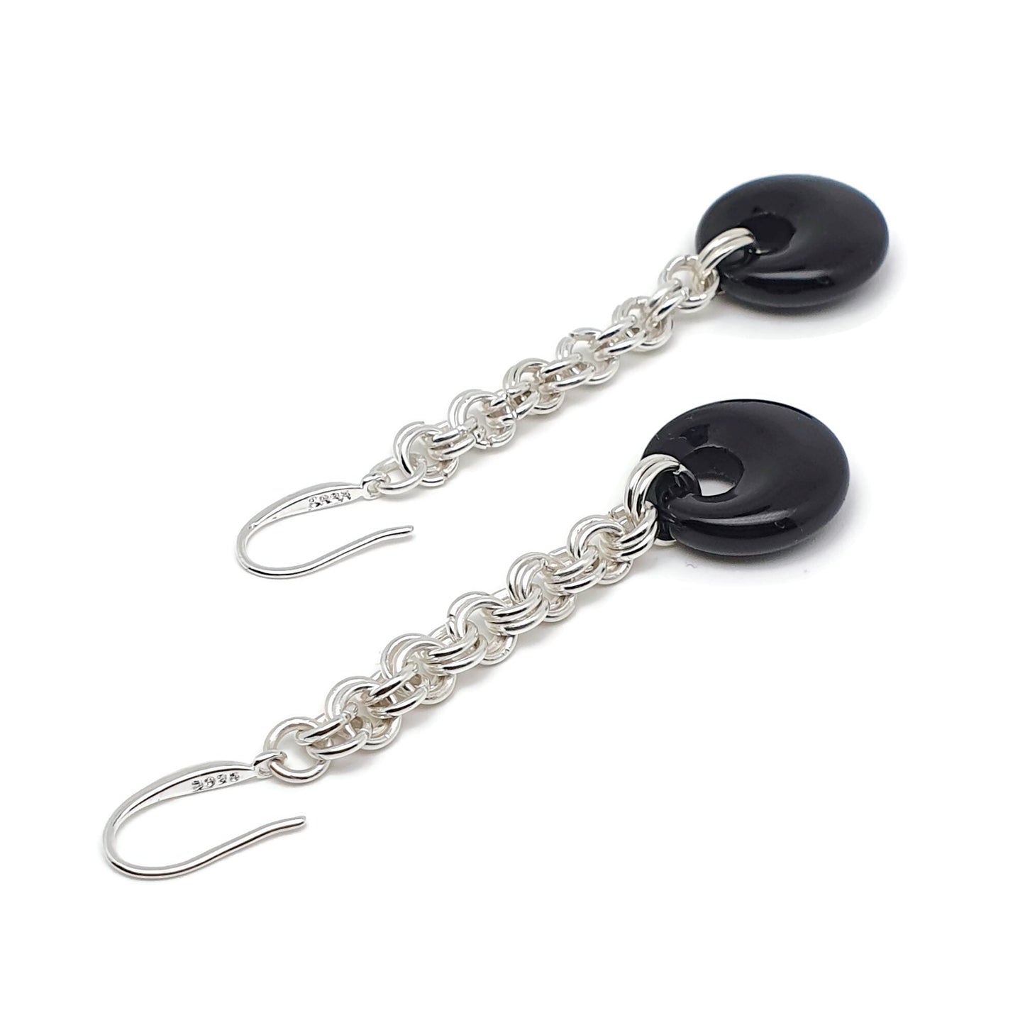 Black Agate Chainmail Long Dangle Drop Earrings