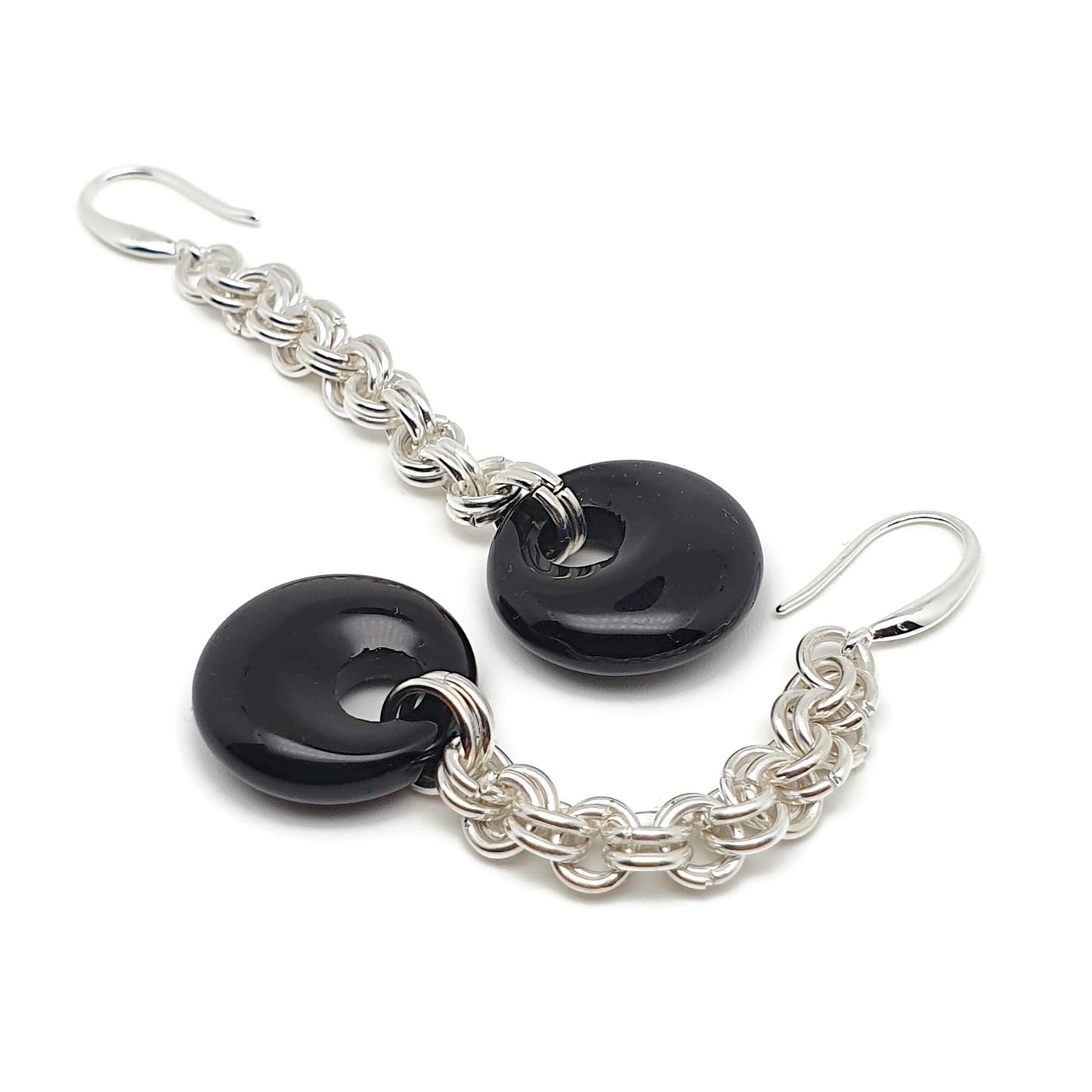 Black Agate Chainmail Long Dangle Drop Earrings