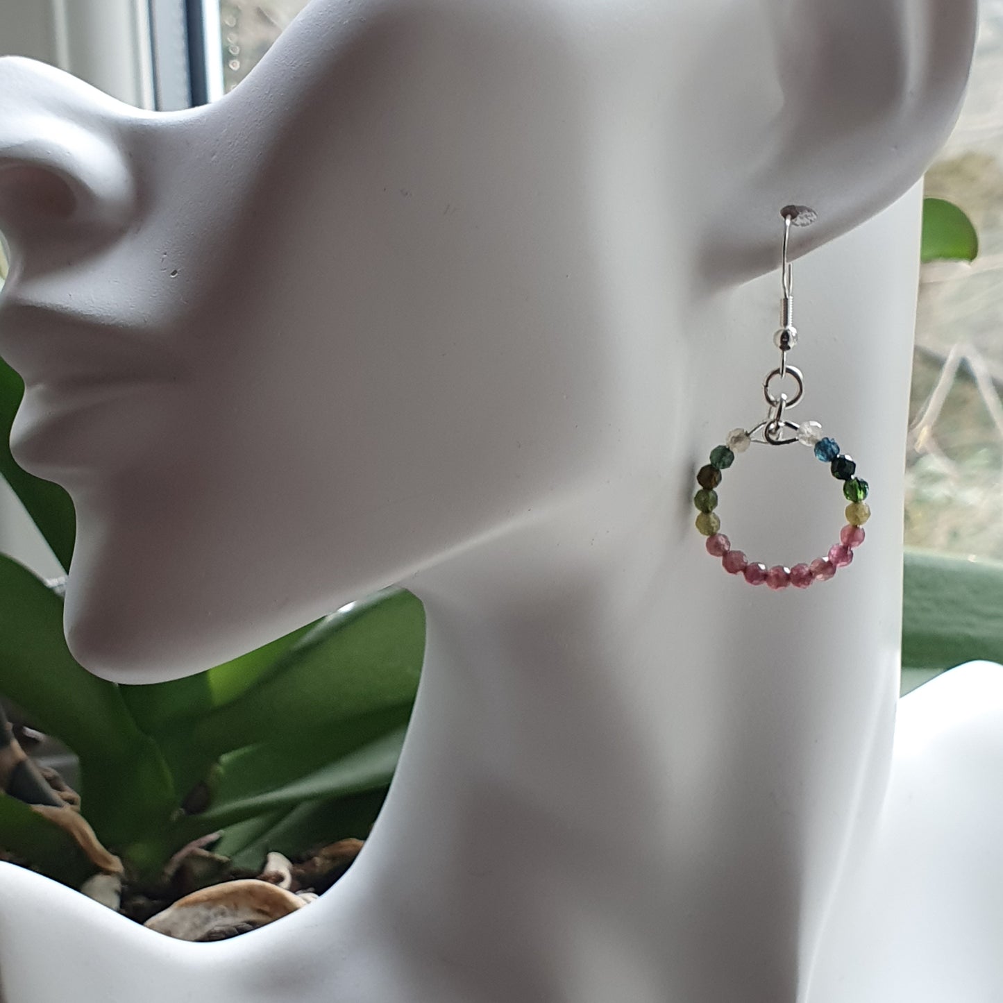 Colourful Tourmaline Beaded Hoop Earrings Dangle Drop