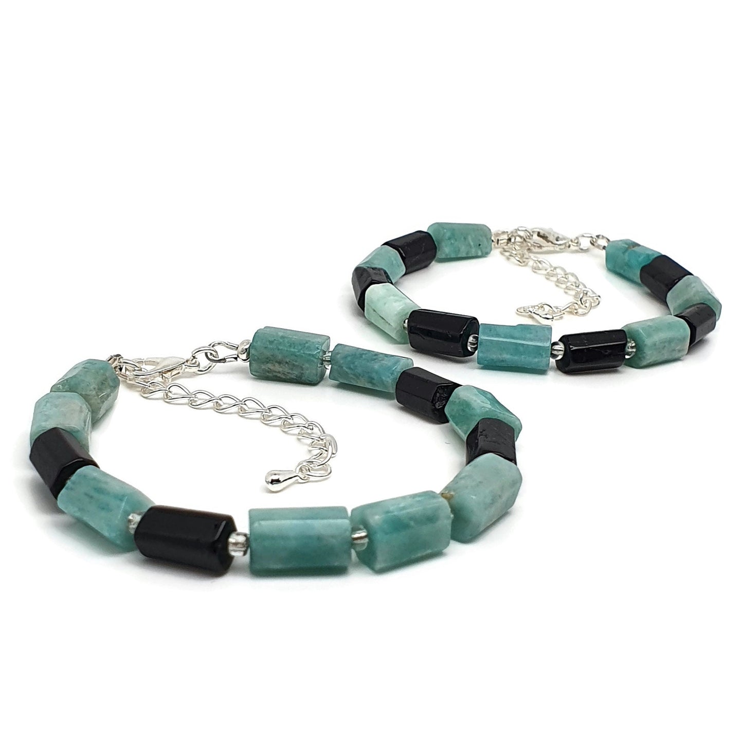 Blue Amazonite Black Tourmaline Beaded Bracelet Adjustable