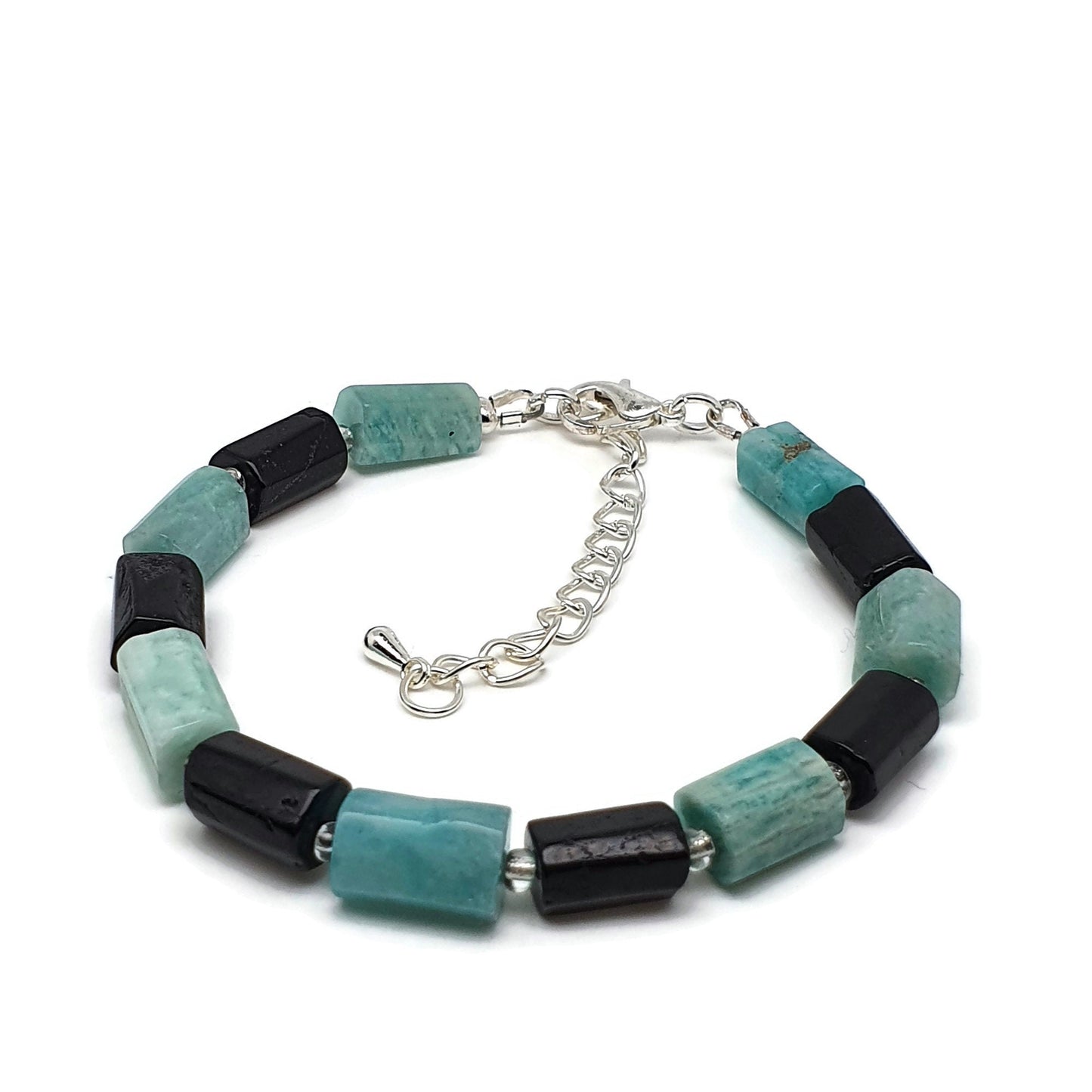 Blue Amazonite Black Tourmaline Beaded Bracelet Adjustable