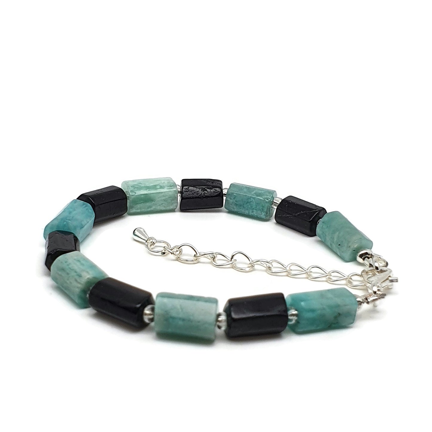 Blue Amazonite Black Tourmaline Beaded Bracelet Adjustable