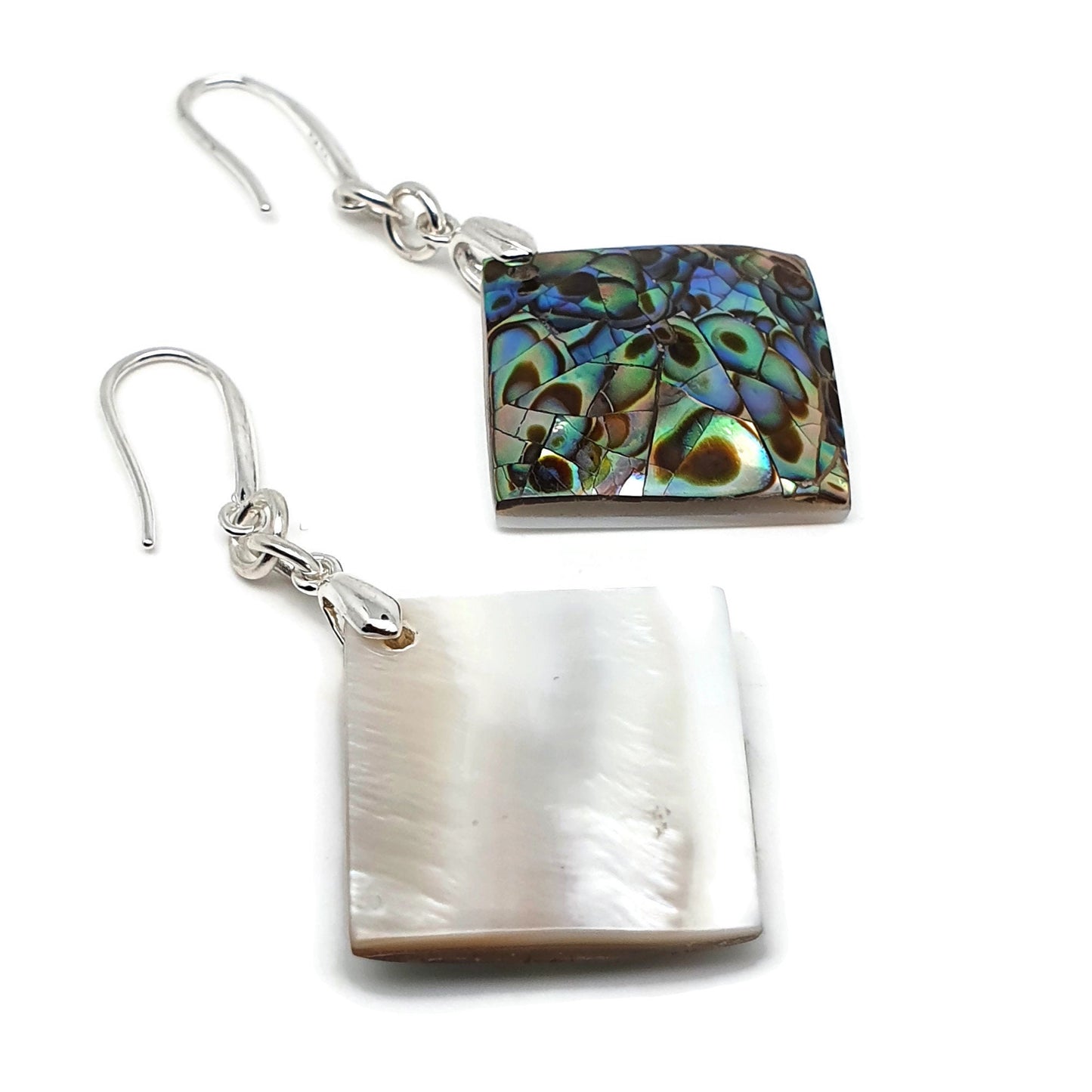 Rainbow Abalone Paua Geometric Earrings Natural Sea Shell Dangle Drop