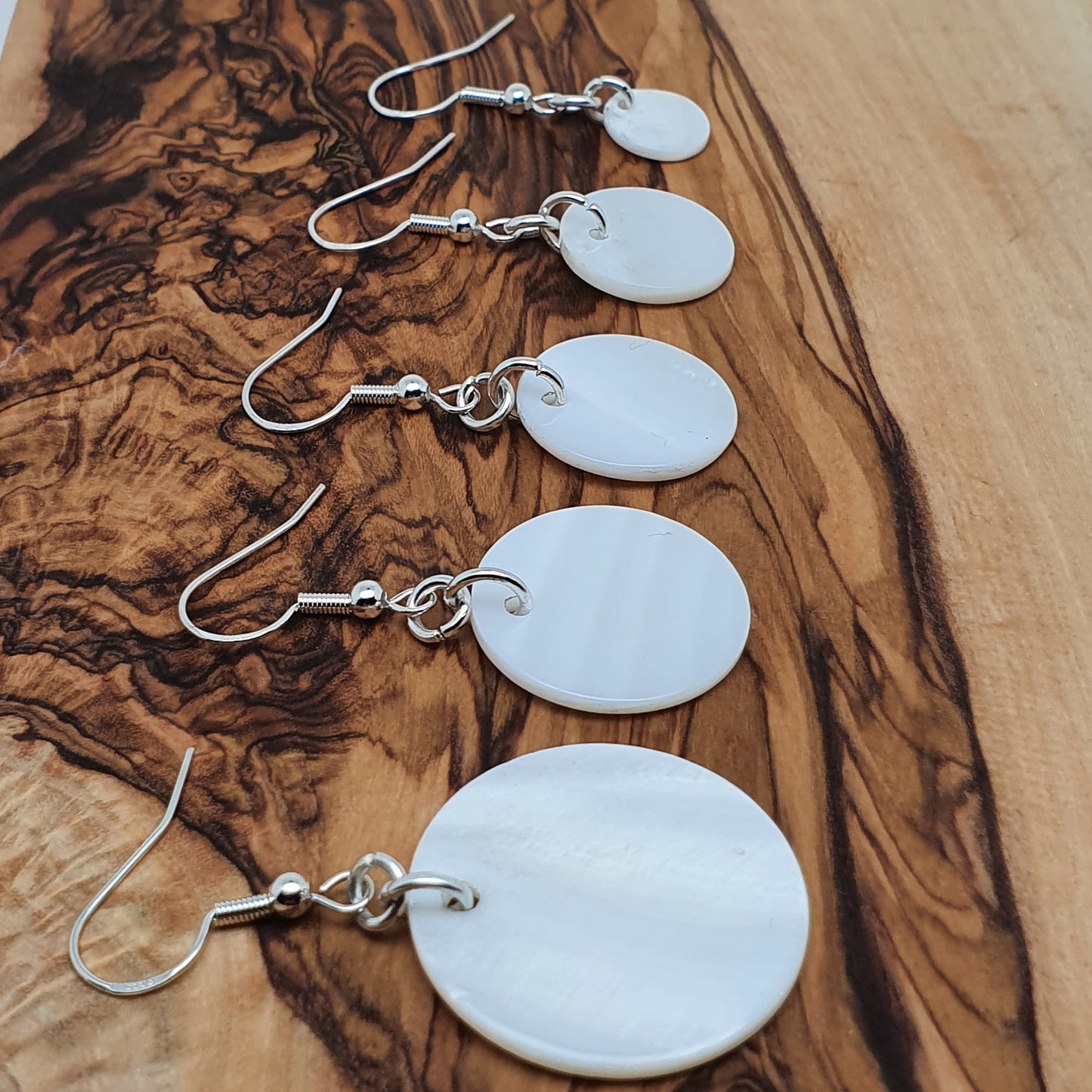 White Mother Of Pearl Disc Earrings Dangle Drop Round Shell