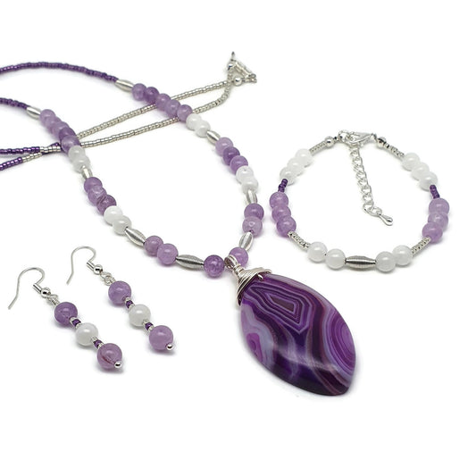 Beaded Agate Jade Angelite  Purple Jewellery Set