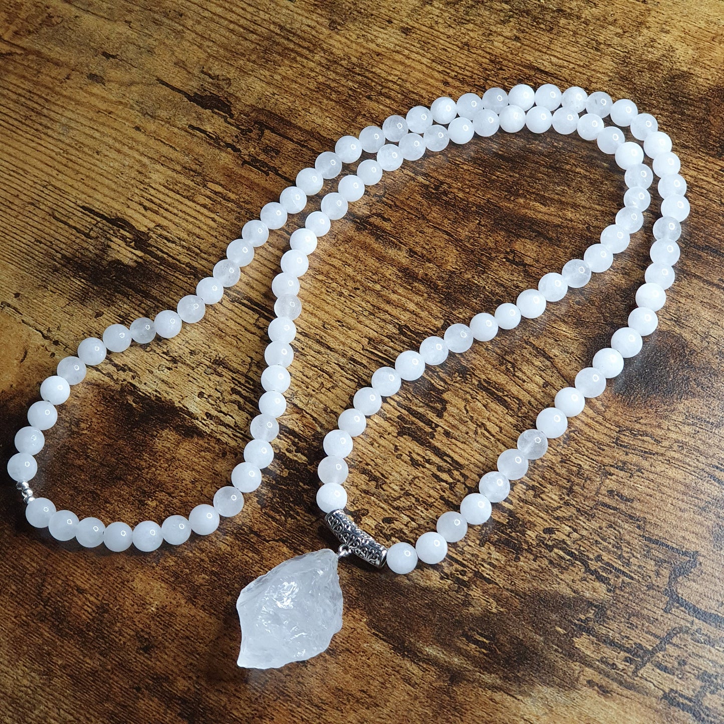 White Jade Beaded Long Boho Necklace Chunky Raw Quartz Pendant