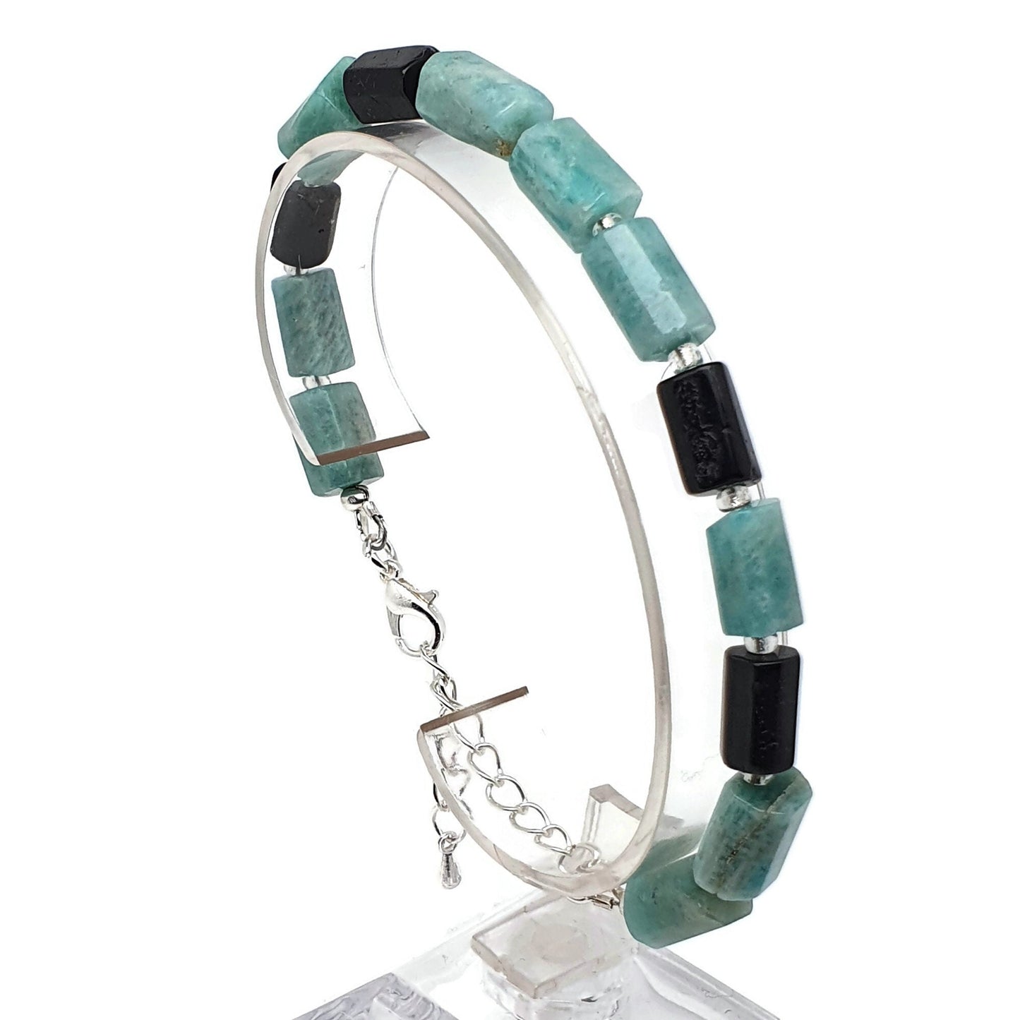 Blue Amazonite Black Tourmaline Beaded Bracelet Adjustable