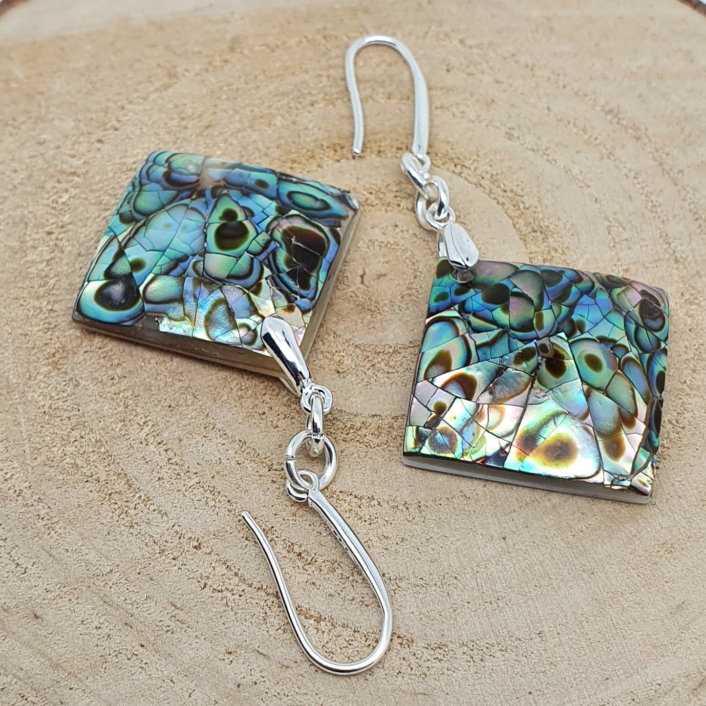 Rainbow Abalone Paua Geometric Earrings Natural Sea Shell Dangle Drop