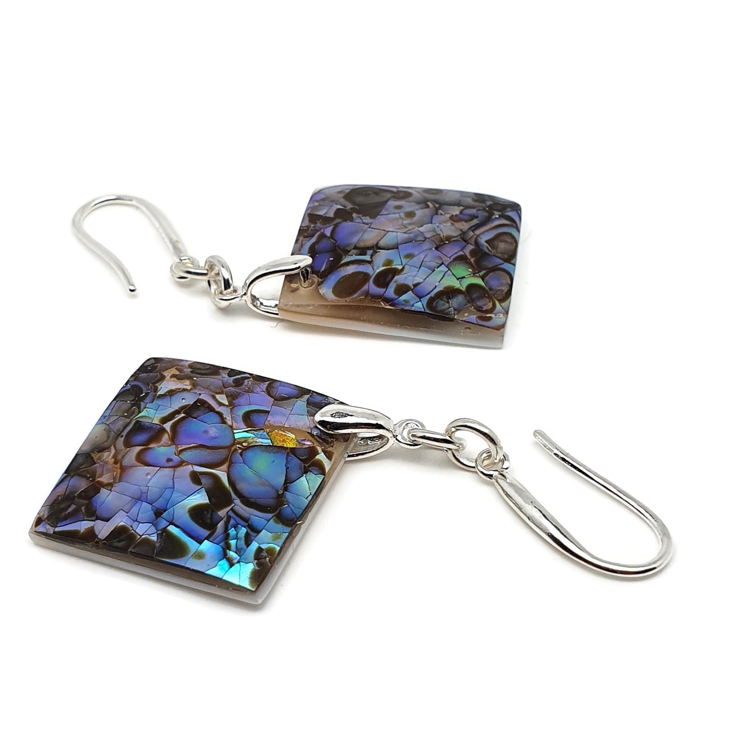 Rainbow Abalone Paua Geometric Earrings Natural Sea Shell Dangle Drop