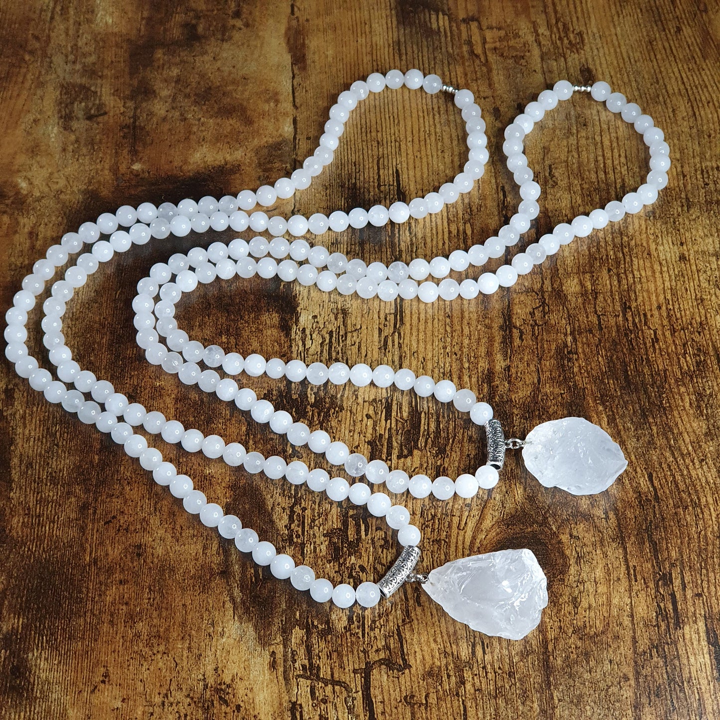 White Jade Beaded Long Boho Necklace Chunky Raw Quartz Pendant