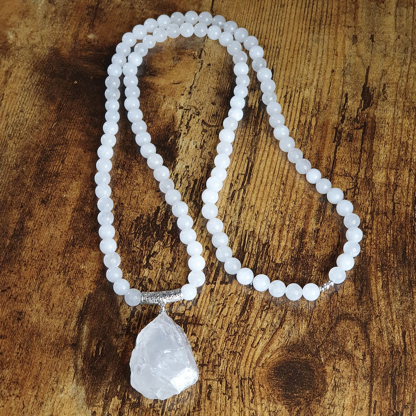 White Jade Beaded Long Boho Necklace Chunky Raw Quartz Pendant