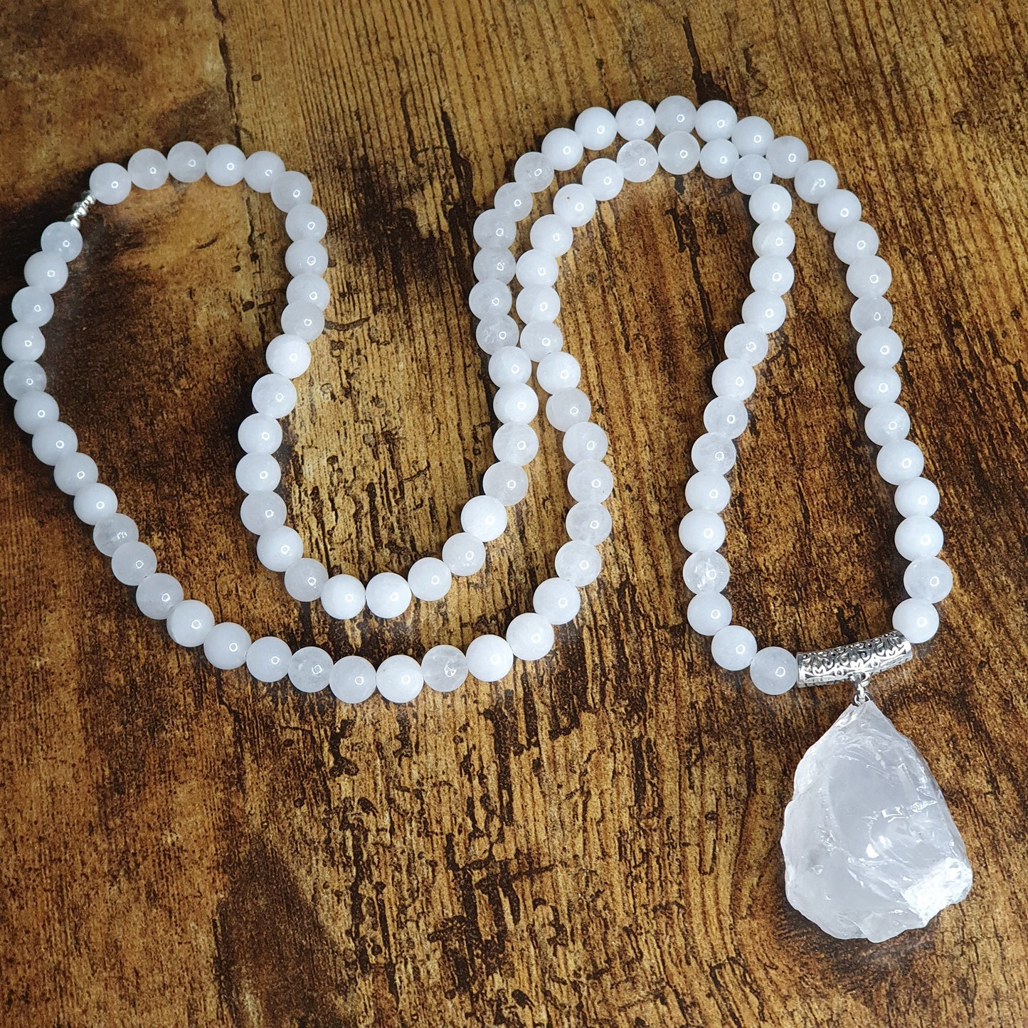 White Jade Beaded Long Boho Necklace Chunky Raw Quartz Pendant