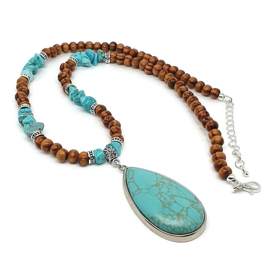 Blue Turquoise And Wood Beads Necklace With Large Teardrop Dyed Howlite Pendant