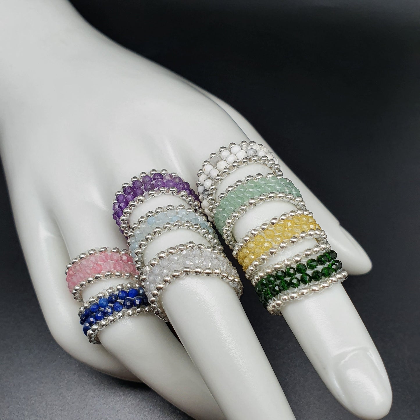 Metal Free Beaded Gemstone Ring Band Peyote Stitch