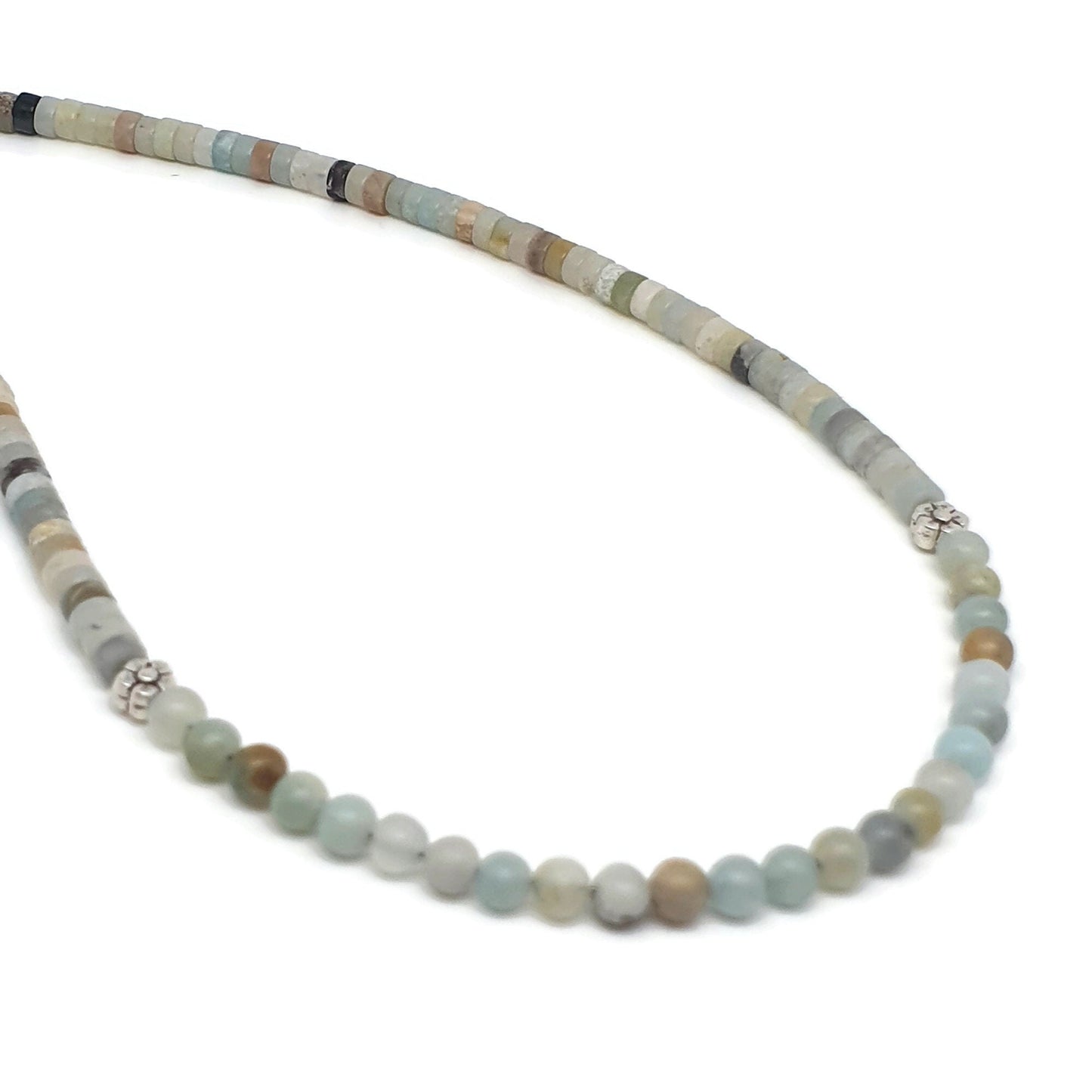 Natural Amazonite Beaded Necklace Gemstone Collar Adjustable Silver Plated