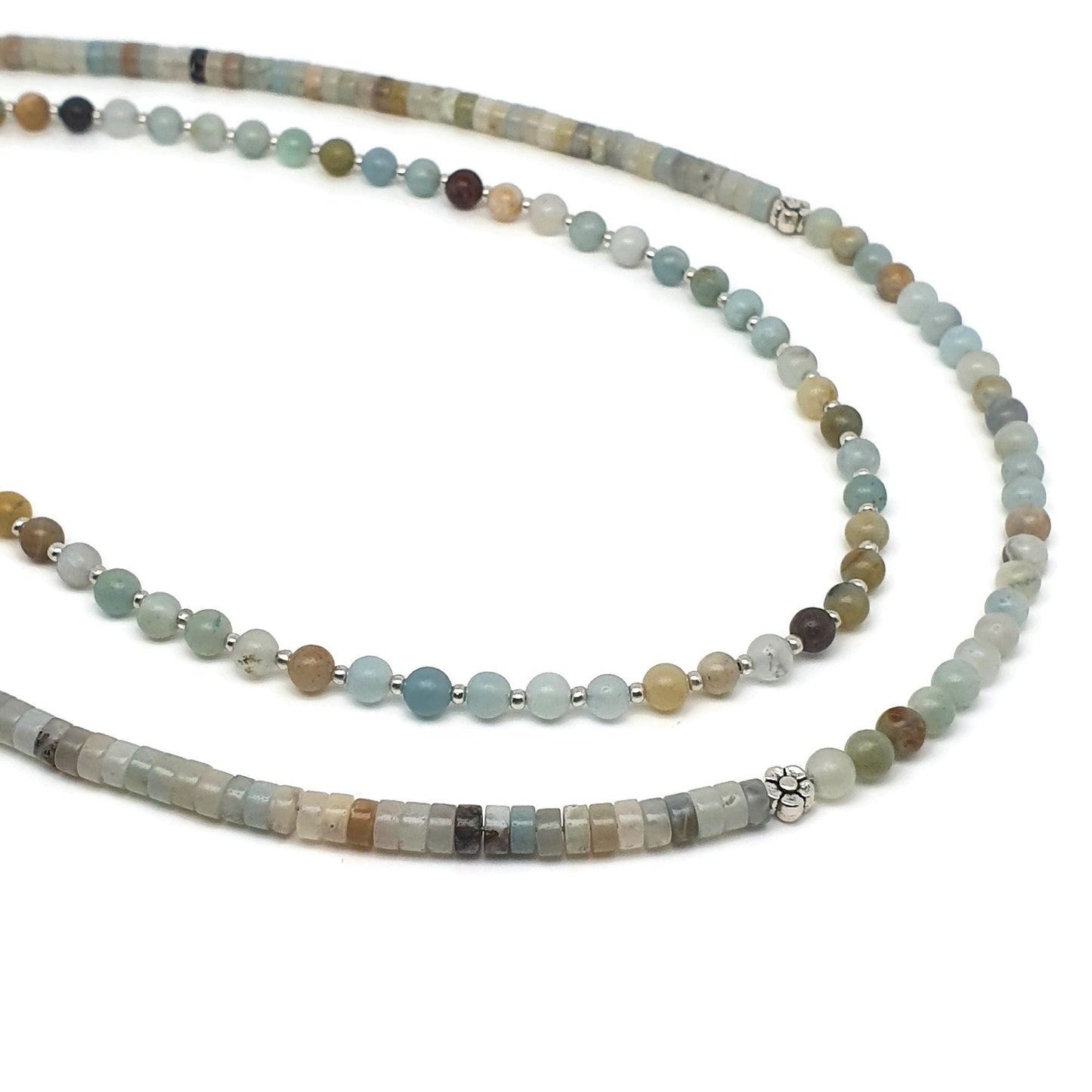 Natural Amazonite Beaded Necklace Gemstone Collar Adjustable Silver Plated