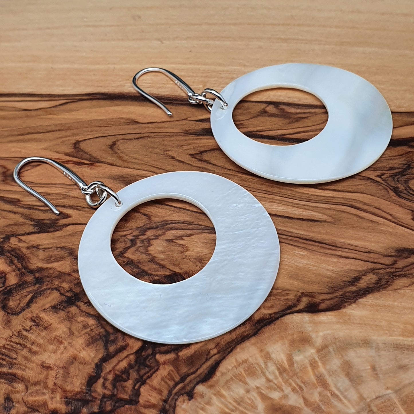 White Mother Of Pearl Hoop Earrings Long Dangle Drop