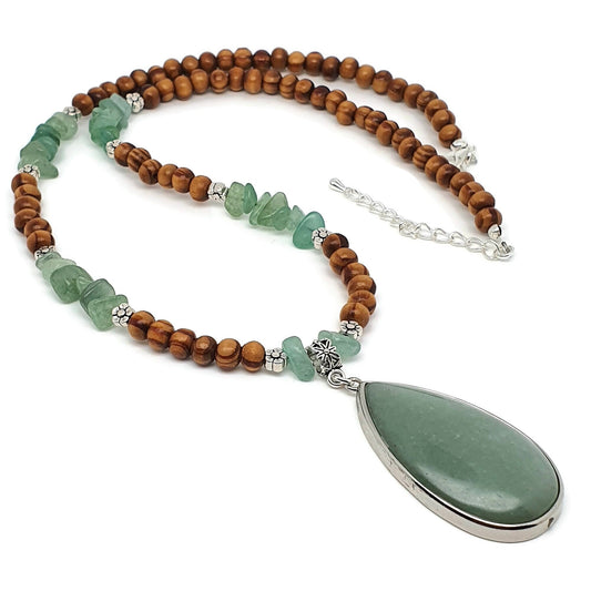 Green Aventurine And Brown Wood Beaded Boho Necklace Large Teardrop Pendant