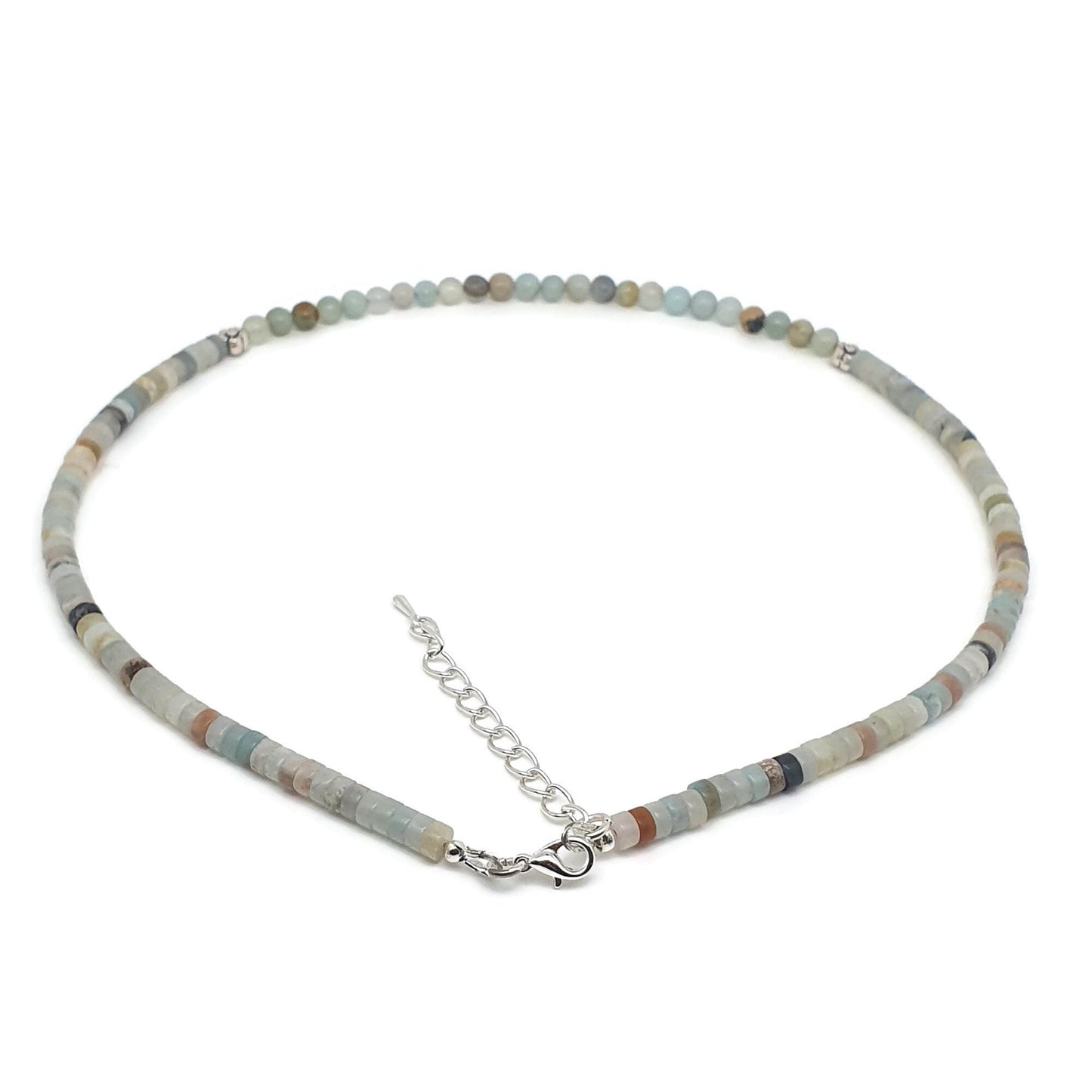 Natural Amazonite Beaded Necklace Gemstone Collar Adjustable Silver Plated