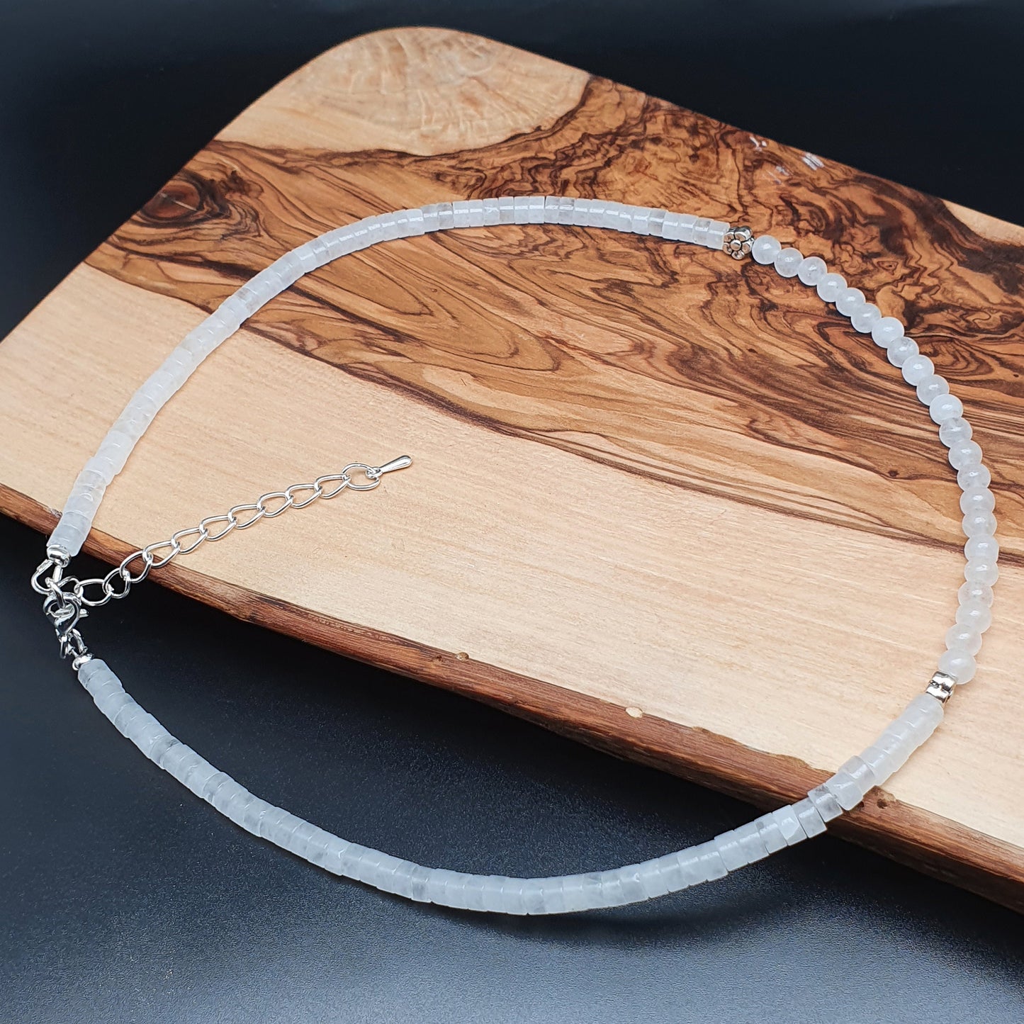 White Snow Quartz Beaded Collar Necklace Silver Plated