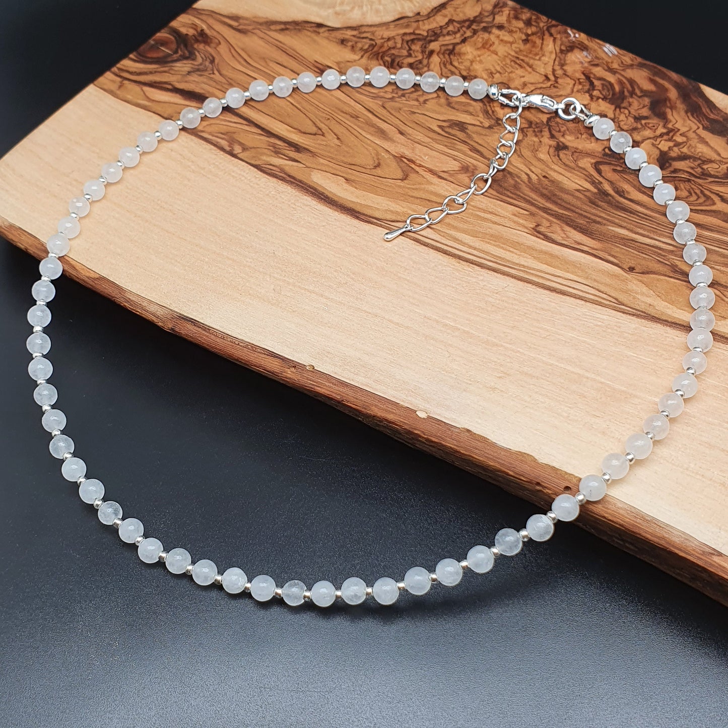 White Snow Quartz Beaded Collar Necklace Silver Plated