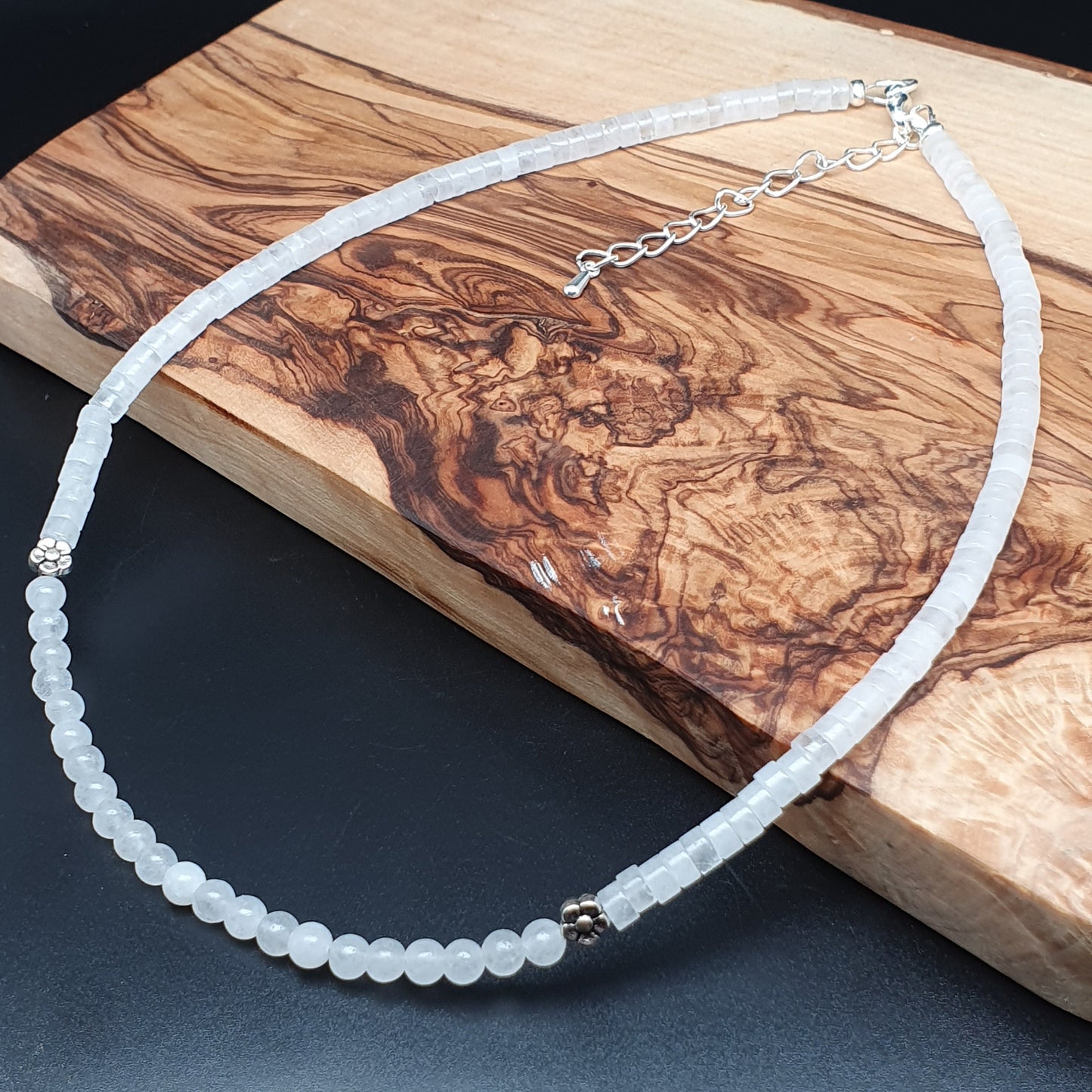 White Snow Quartz Beaded Collar Necklace Silver Plated