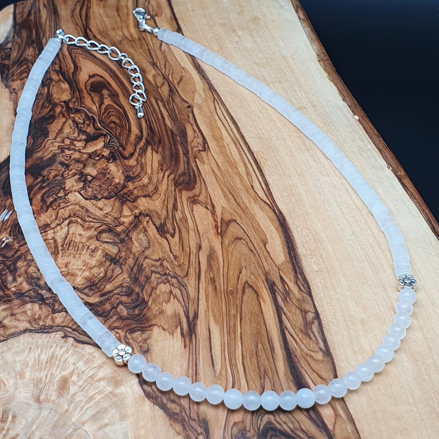 White Snow Quartz Beaded Collar Necklace Silver Plated