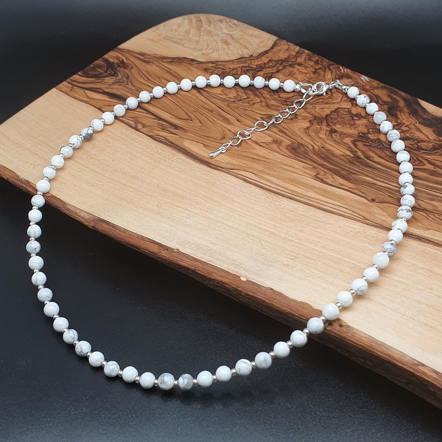 White Howlite Beaded Collar Necklace Silver Plated