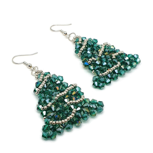 Sparkling Christmas Tree Earrings Long Dangle Drop Beaded Crystals