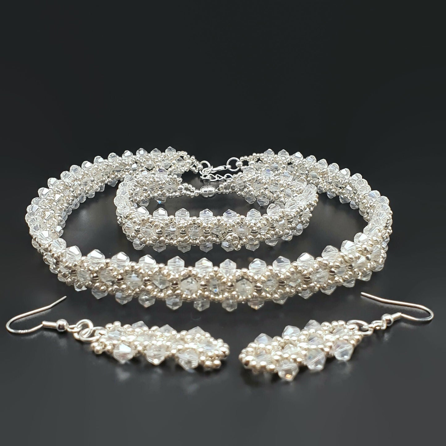 Sparkling Crystal Beaded Jewellery Set Bracelet Earrings Choker Necklace