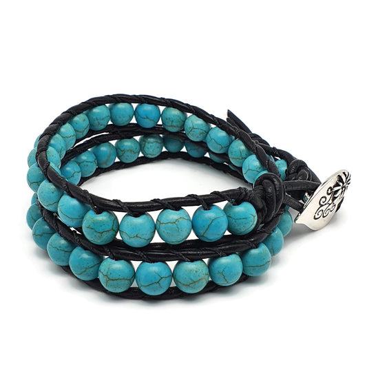 Dyed Blue Howlite Double Wrap Beaded Bracelet Black Leather