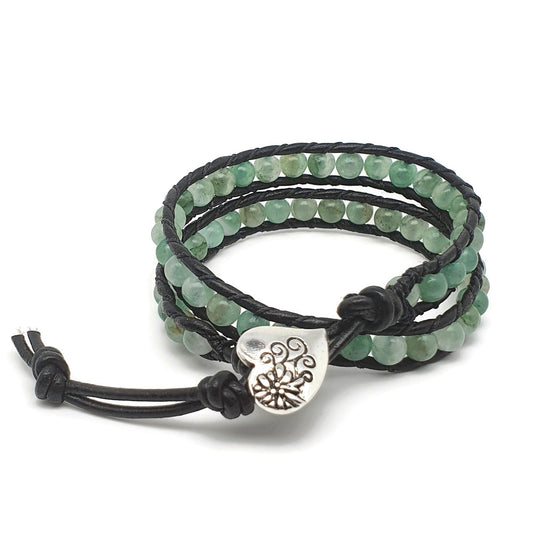 Green Aventurine And Black Leather Double Wrap Beaded Bracelet