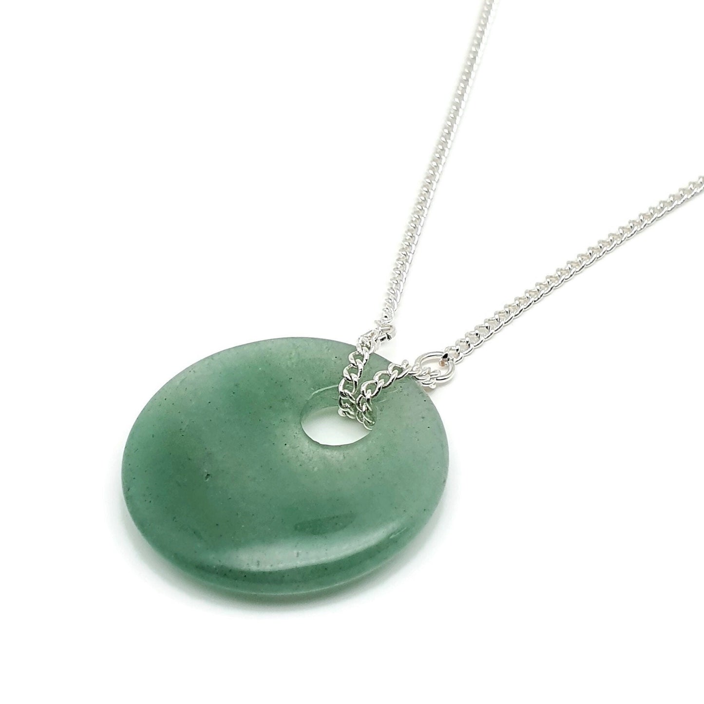 Green Aventurine Round Pendant Boho Necklace, Natural Gemstone, Silver Plated Adjustable Chain