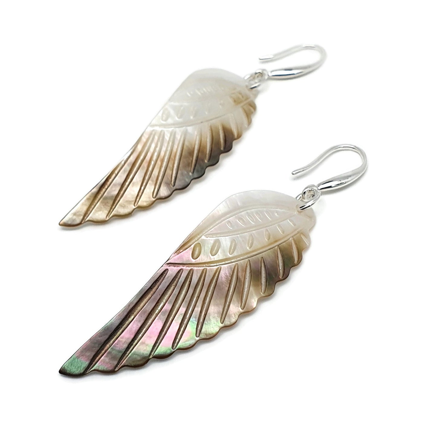 Carved Angel Wing Abalone Earrings Long Dangle Drop Natural Shell