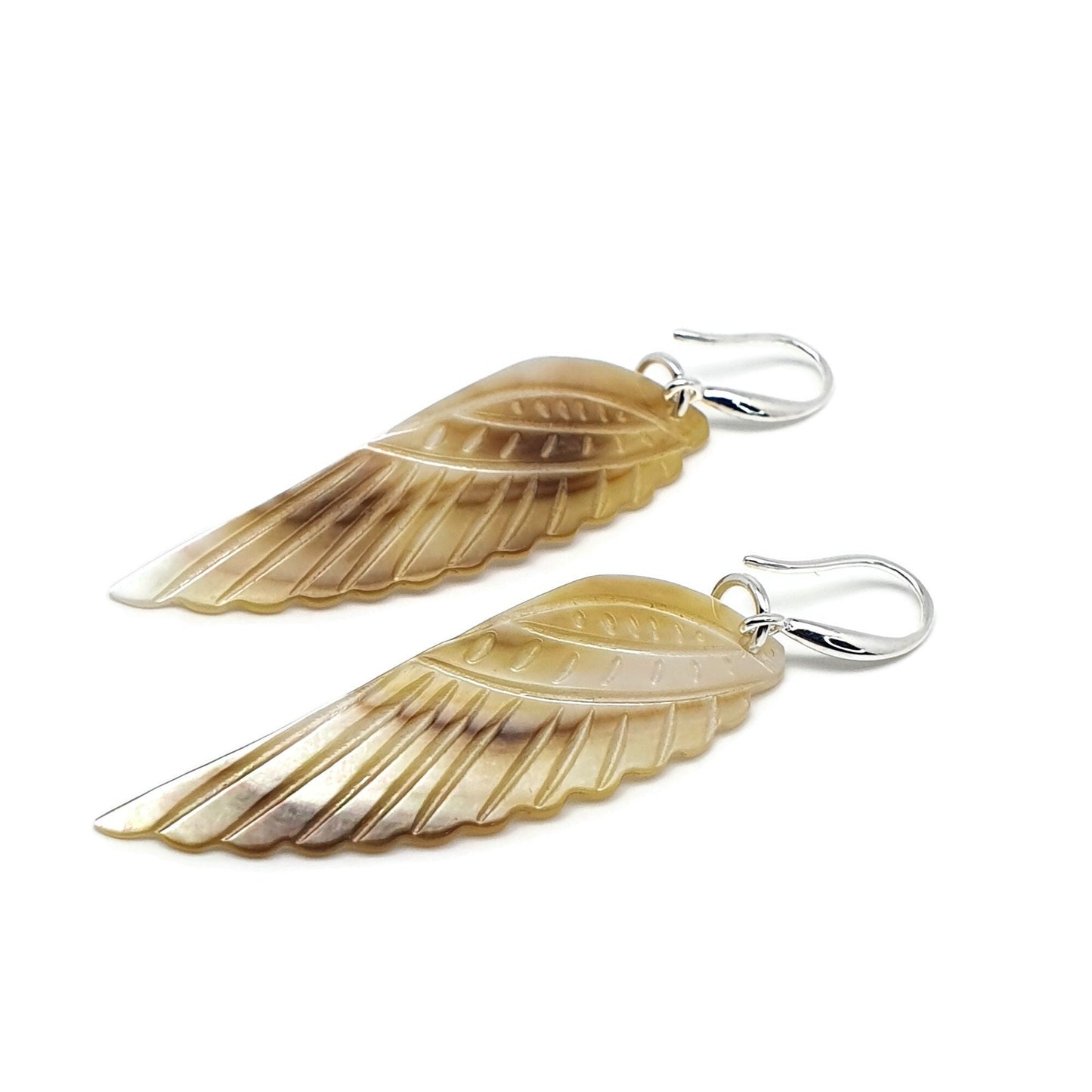 Carved Angel Wing Abalone Earrings Long Dangle Drop Natural Shell