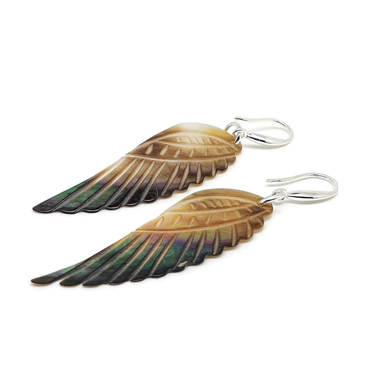 Carved Angel Wing Abalone Earrings Long Dangle Drop Natural Shell