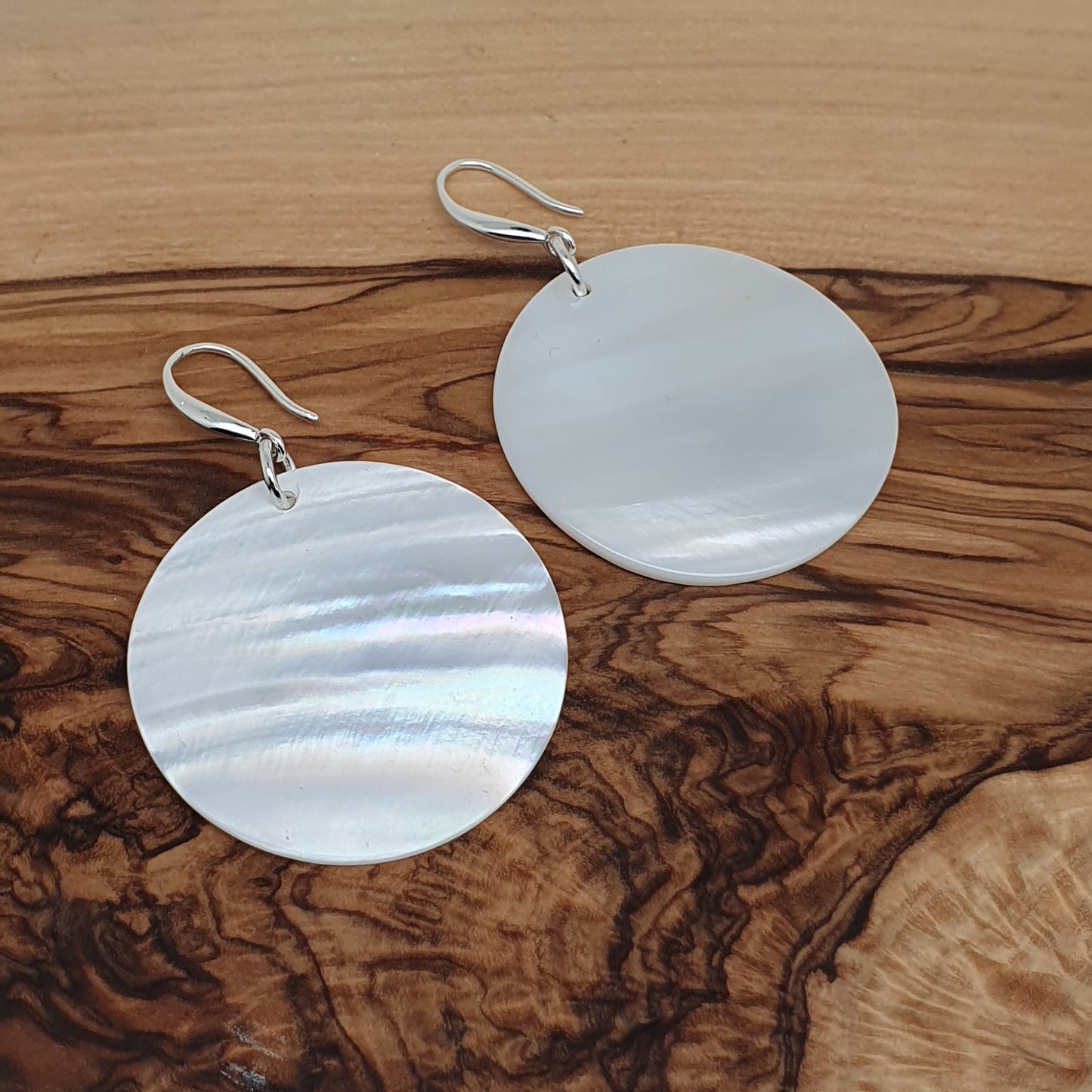 White Mother Of Pearl Large Disc Earrings Long Dangle Drop Round Sea Shell