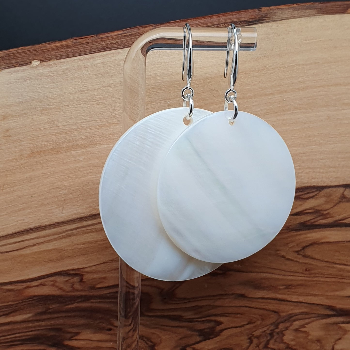 White Mother Of Pearl Large Disc Earrings Long Dangle Drop Round Sea Shell