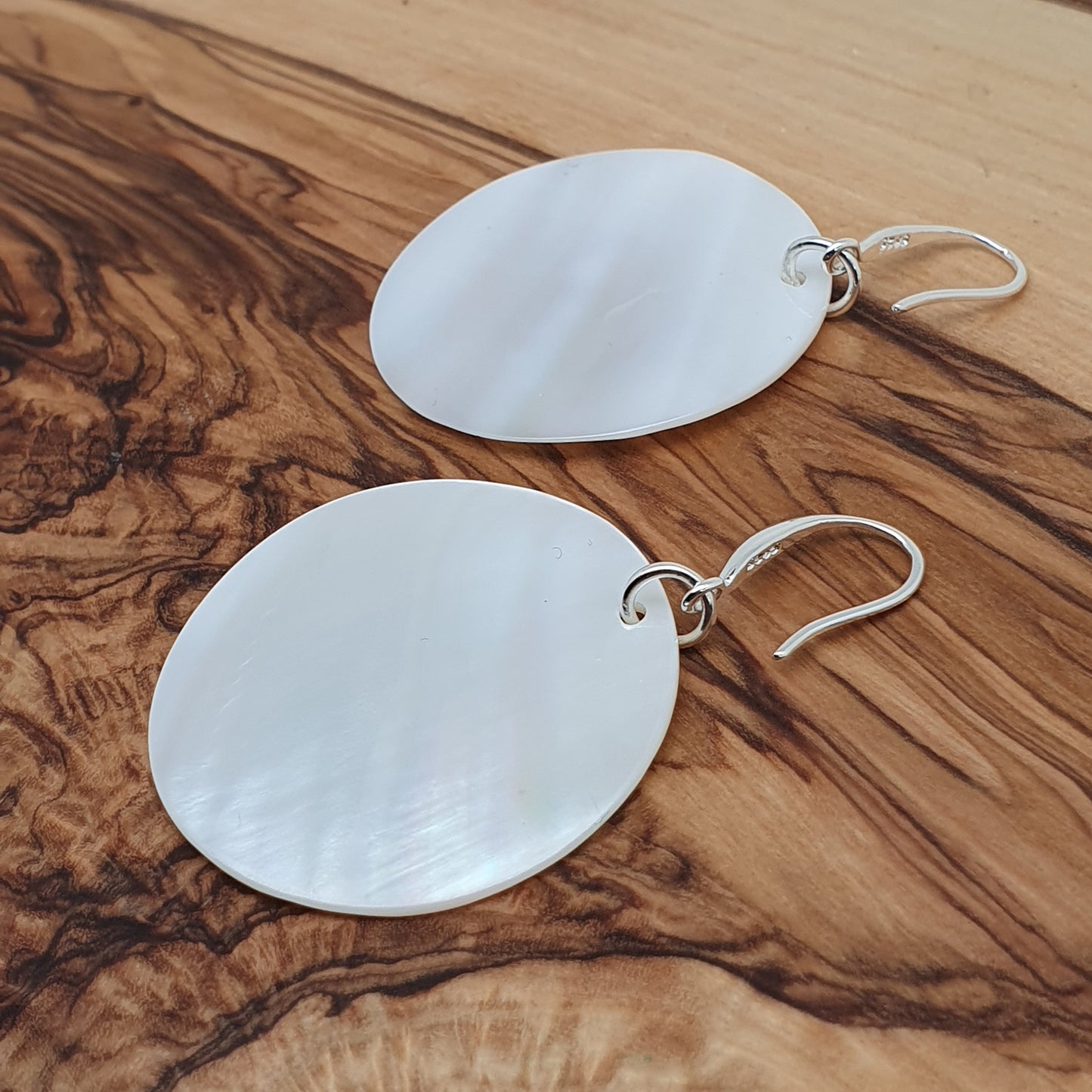 White Mother Of Pearl Large Disc Earrings Long Dangle Drop Round Sea Shell