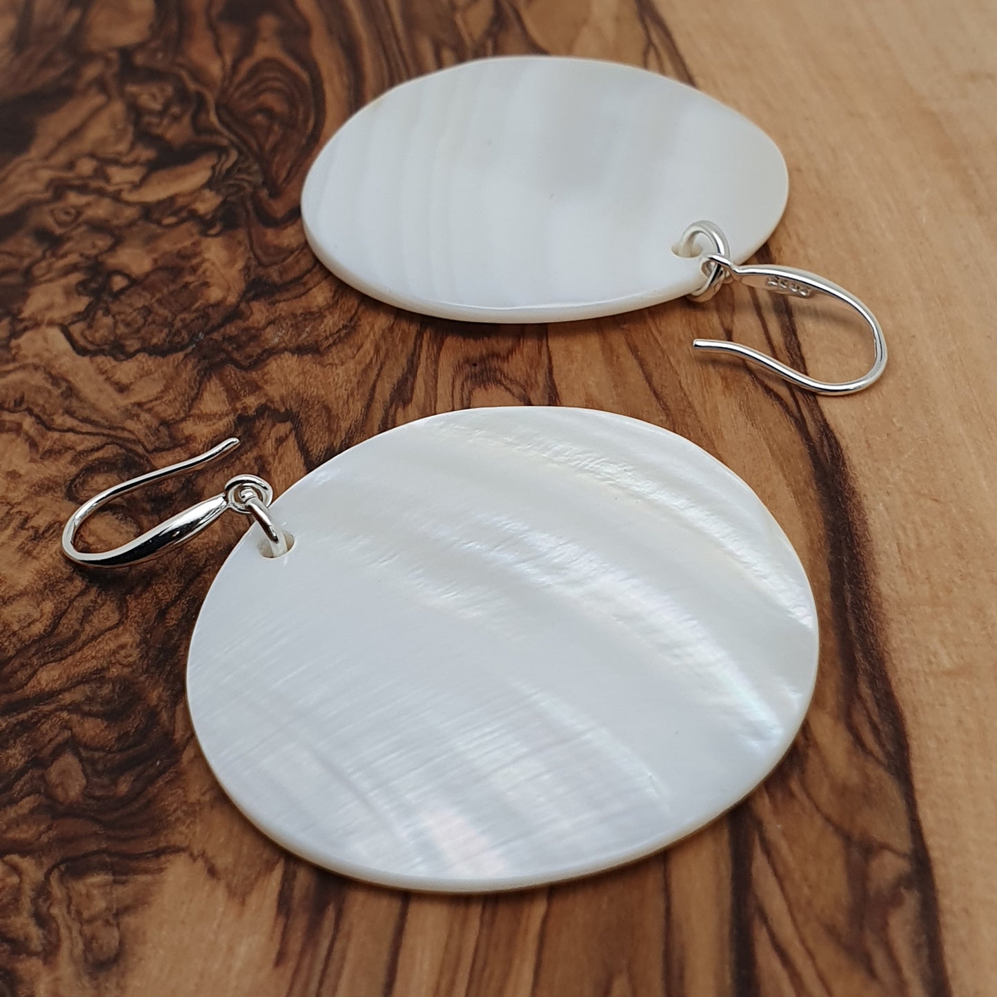 White Mother Of Pearl Large Disc Earrings Long Dangle Drop Round Sea Shell