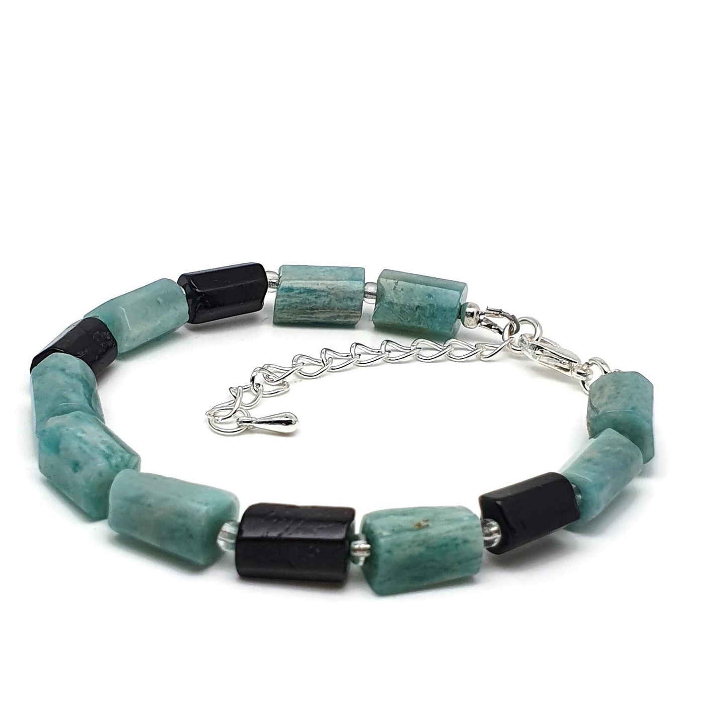 Blue Amazonite Black Tourmaline Beaded Bracelet Adjustable