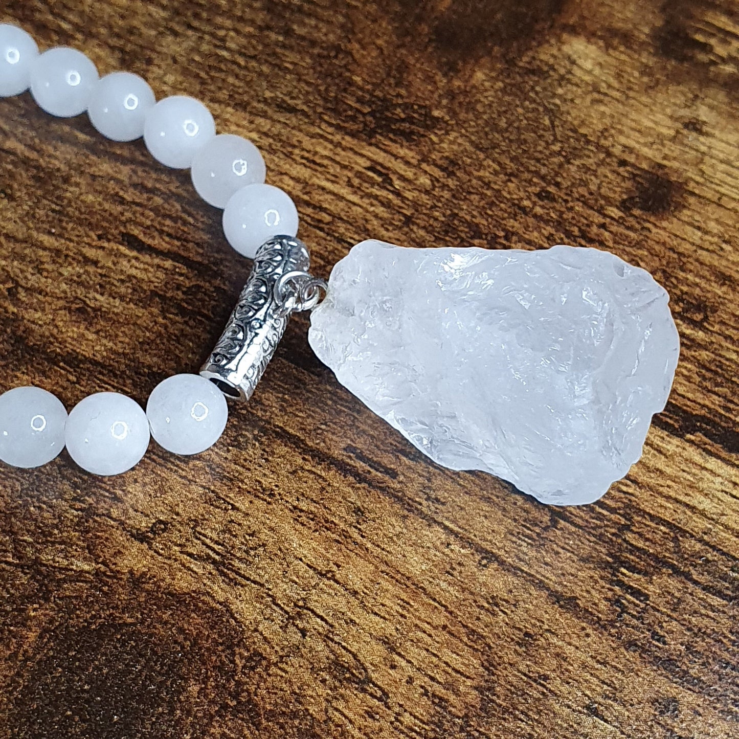 White Jade Beaded Long Boho Necklace Chunky Raw Quartz Pendant