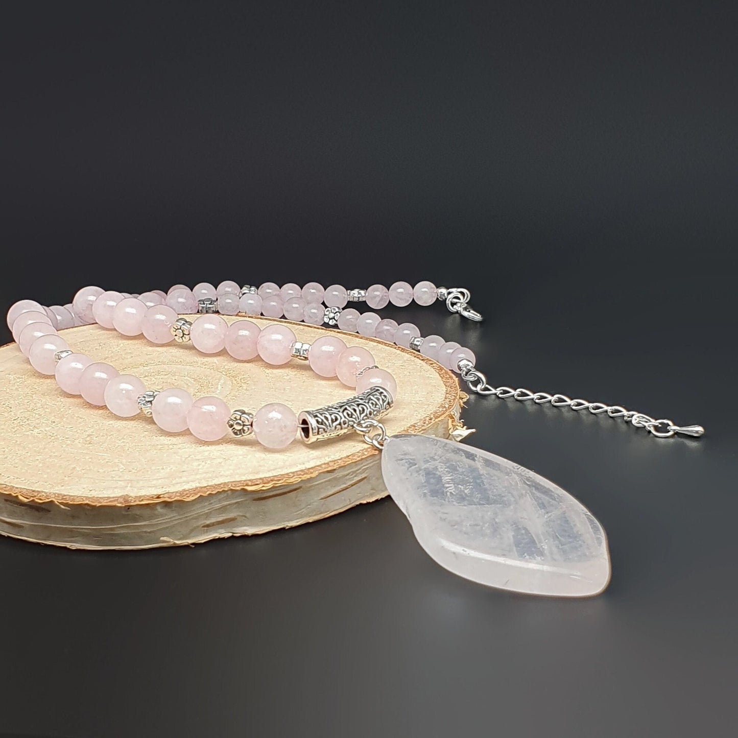 Rose Quartz Beaded Necklace Large Asymmetrical Flat Slice Pendant Adjustable Length