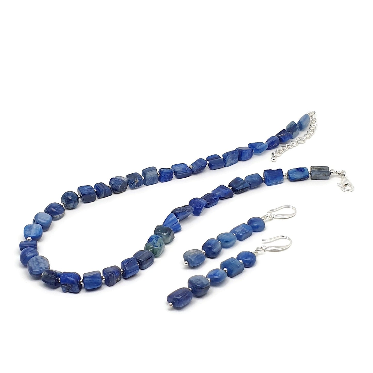 Blue Kyanite Beaded Nuggets Collar Necklace And Dangle Drop Earrings Set