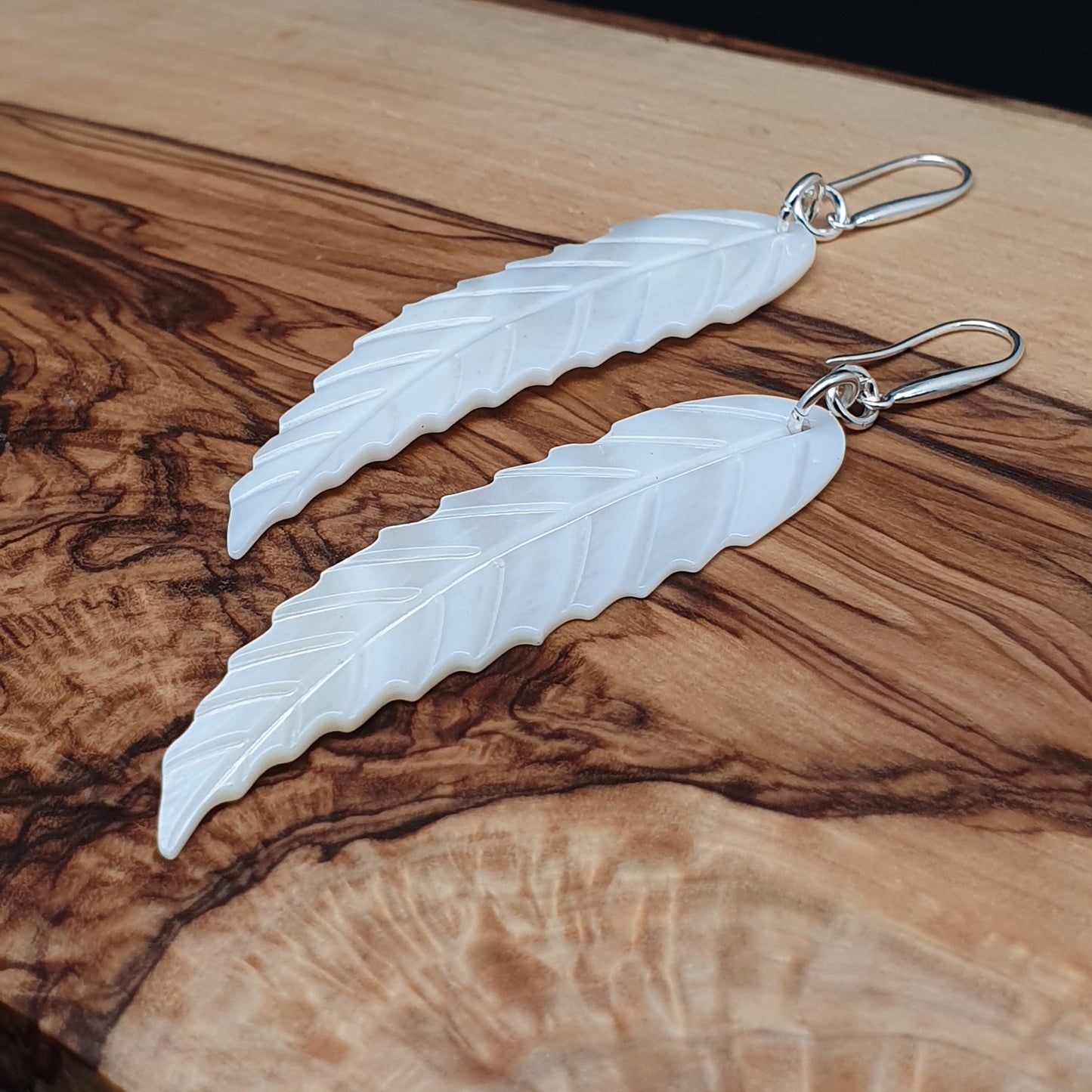 Long White Leaf Shell Earrings Carved Natural Mother of Pearl