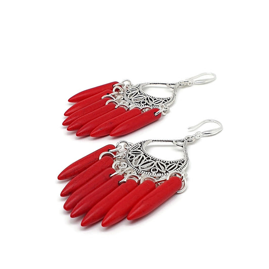 Dyed Red Howlite Chandelier Boho Earrings Long Dangle Drop